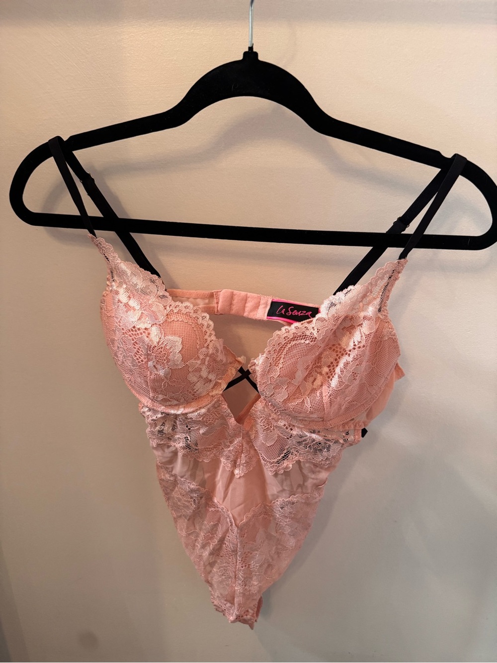 La SENZA Blush Pink Lace Teddy with Black Straps